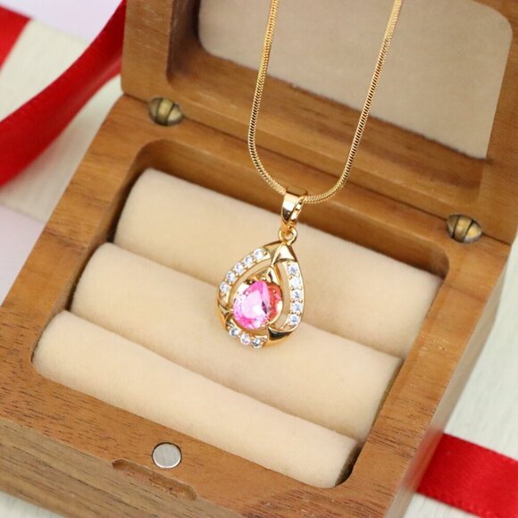 "Teardrop Pink Stone Pendant with Sparkling Accents in Gold Finish, XPPT1799 - Picture 9 of 13